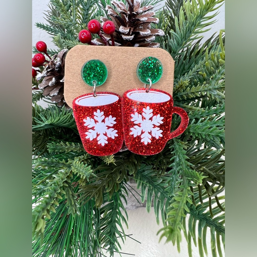 Brand New-Glittered Christmas Cocoa Mug Earrings